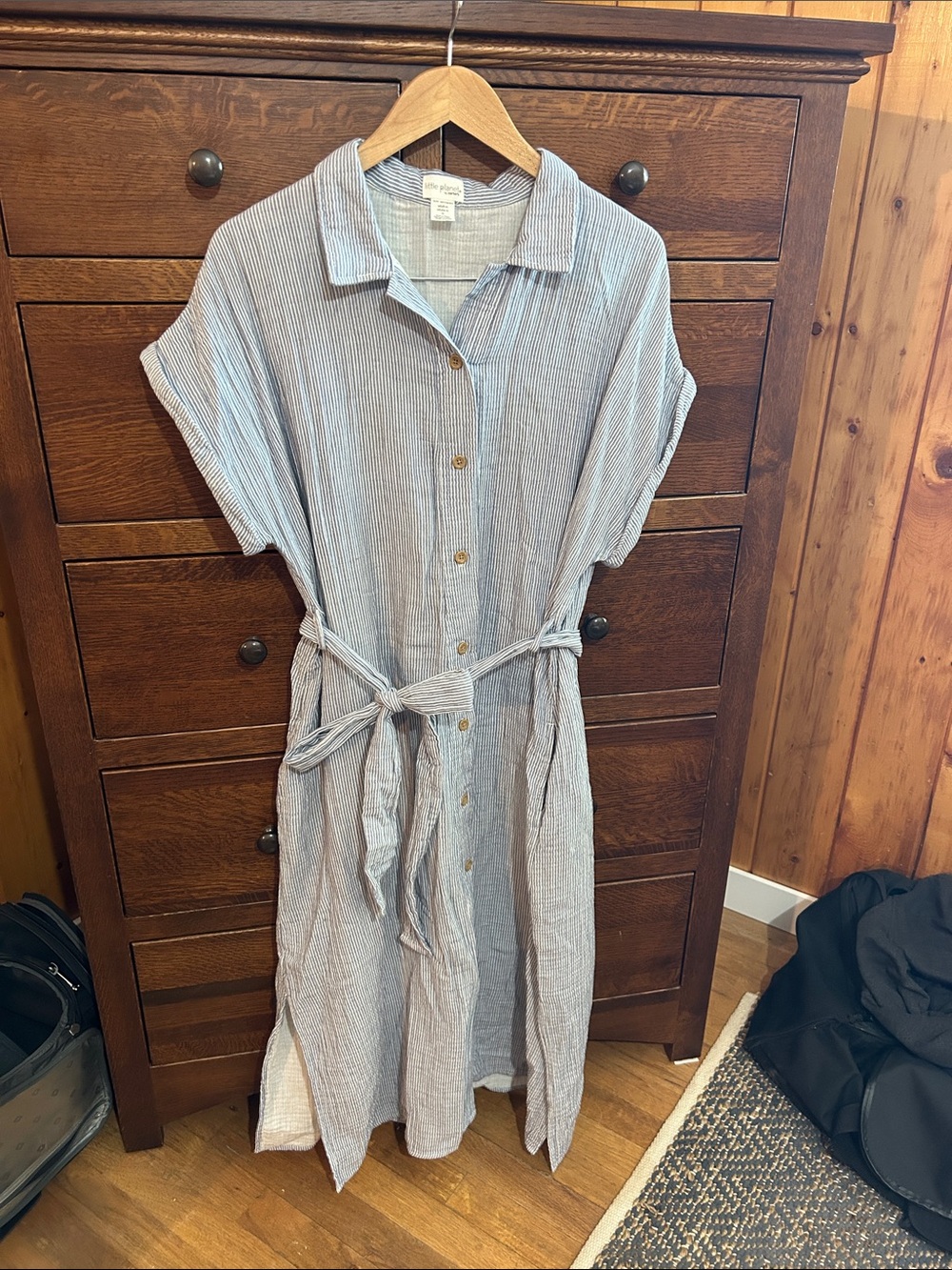 Button-Front Striped Midi Shirt Dress with Self-Tie Waist - Light Blue
